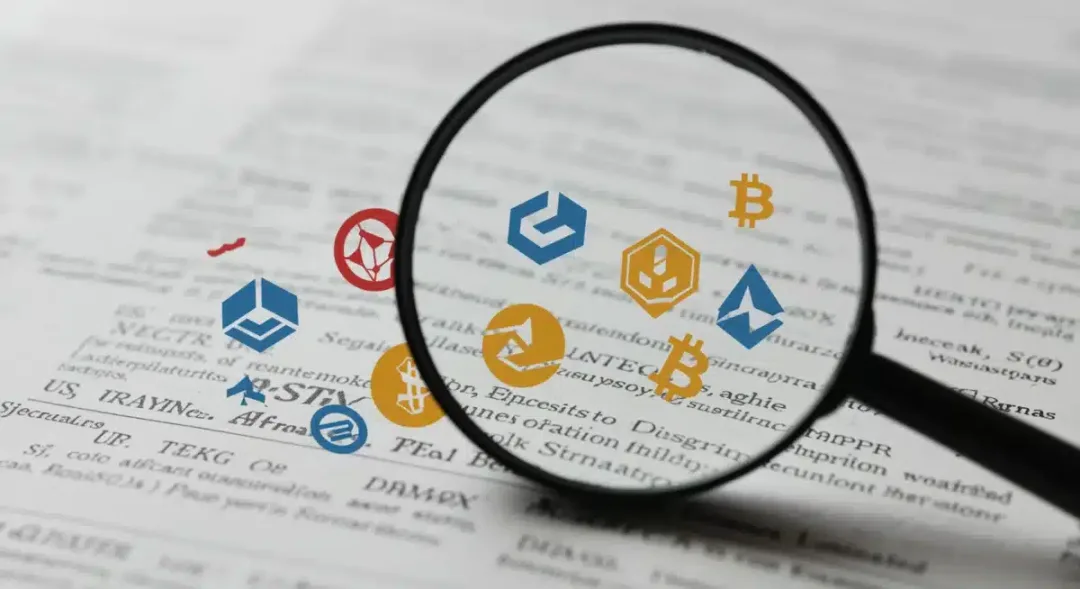 Documento legal con logos de criptomonedas y una lupa, ilustrando el escrutinio regulatorio sobre el mercado de altcoins en EE. UU.