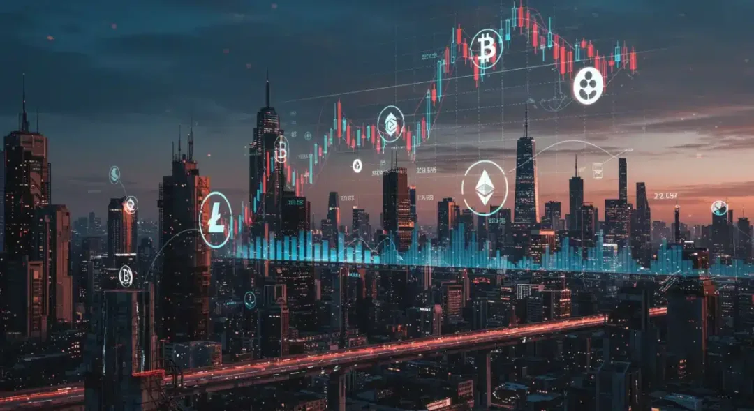 Gráfico digital con símbolos de criptomonedas y barras que indican fluctuaciones de precios, con el Capitolio de EE. UU. al fondo, simbolizando el impacto regulatorio en altcoins.