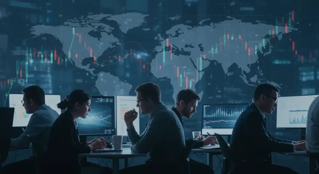 Inversores analizando gráficos de criptomonedas y discutiendo estrategias de inversión ante cambios económicos.