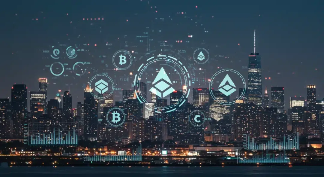 Paisaje urbano digital futurista con símbolos de criptomonedas, representando las tendencias de inversión institucional en EE. UU. para el primer semestre de 2026.