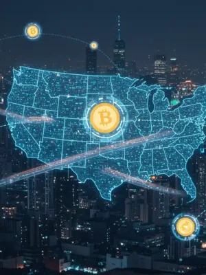 Representación visual de cómo los puentes blockchain conectan diferentes redes de cadena de bloques para transferir activos digitales en Estados Unidos.