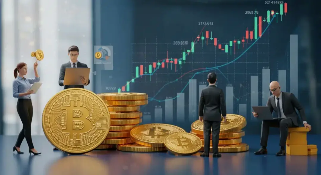 Inversores institucionales y minoristas interactuando con plataformas de trading de criptomonedas, simbolizando el aumento de la participación en el mercado.