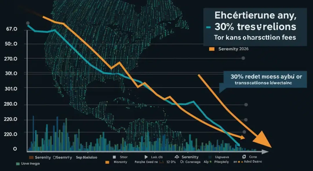 Infografía mostrando una flecha descendente del 30% en tarifas de transacción de Ethereum en EE. UU. para 2026, tras la actualización Serenity.