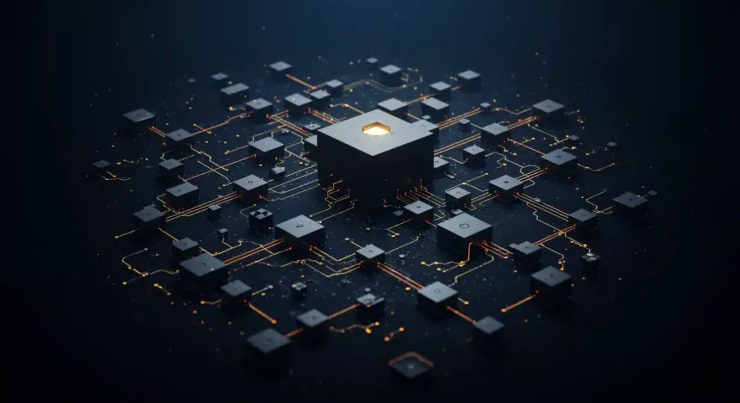 Red compleja de nodos y bloques interconectados, ilustrando el mecanismo de sharding de Ethereum 2.0 y su escalabilidad.