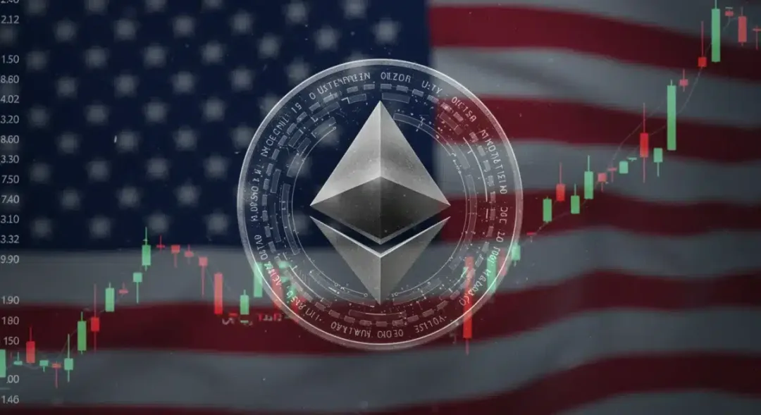 Logo de Ethereum con gráficos de rendimiento y elementos de la bandera de EE. UU.