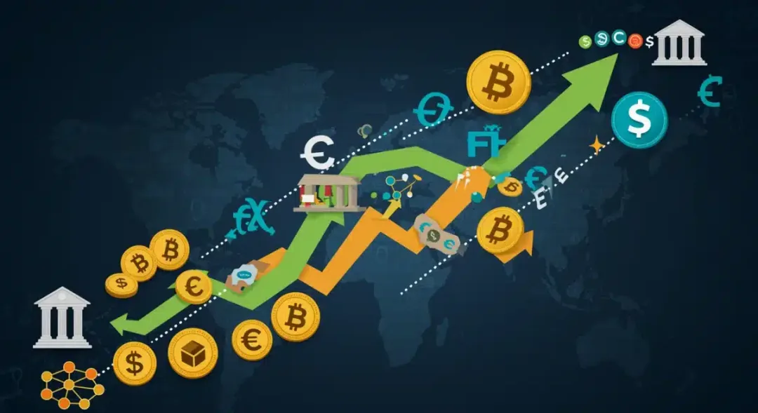 Flujo de capital digital y tradicional convergiendo, simbolizando la integración de los ETF de criptomonedas en finanzas.