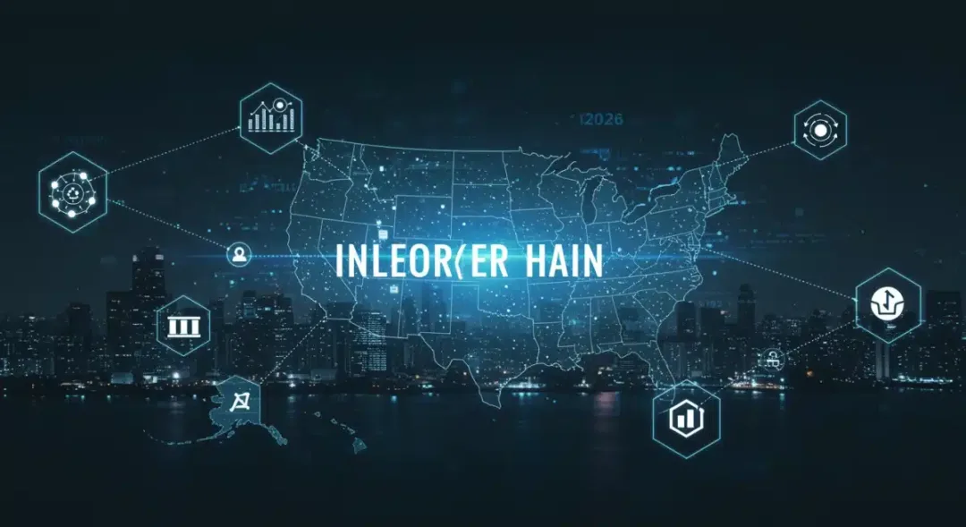 Redes blockchain interconectadas visualizando la interoperabilidad y el flujo de datos en Estados Unidos en 2026.