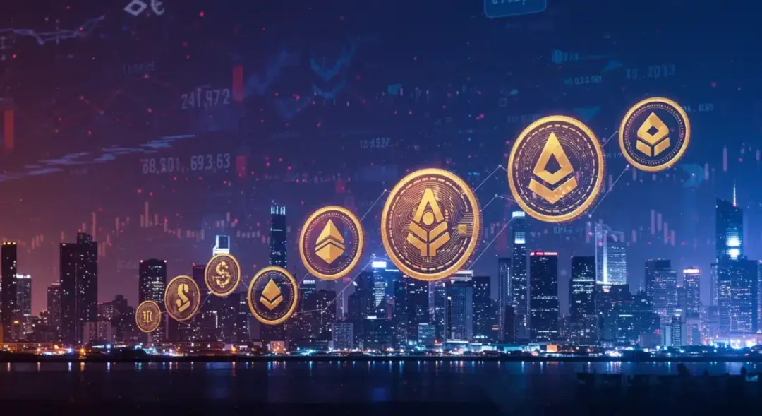 Paisaje urbano digital futurista con símbolos de criptomonedas, representando el crecimiento del mercado cripto post-regulaciones en EE. UU.