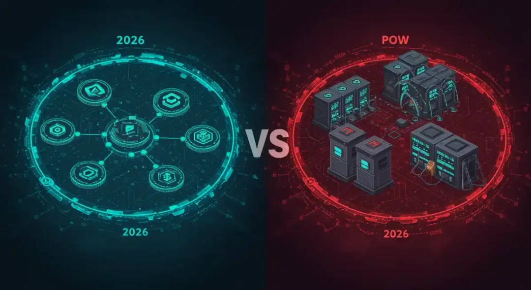 Comparativa visual de Proof of Stake (PoS) y Proof of Work (PoW) en una red blockchain segura para 2026.