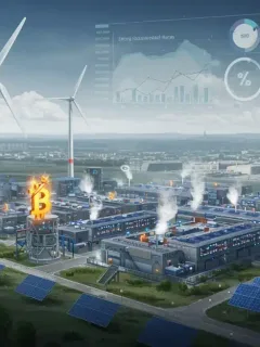 Granja de minería de criptomonedas en EE. UU. alimentada por energías renovables, simbolizando sostenibilidad energética.
