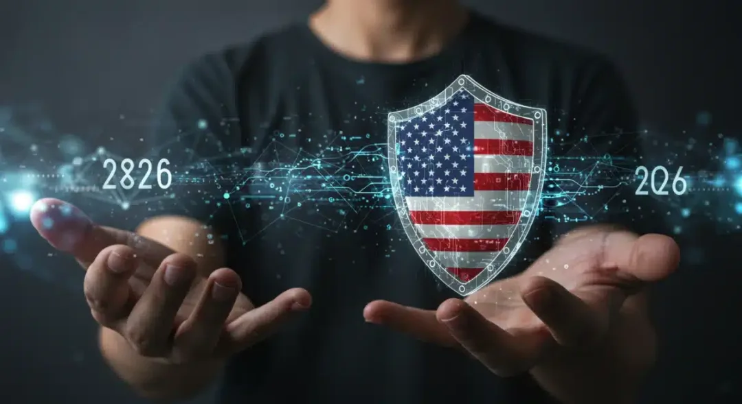 Escudo digital protegiendo una red blockchain con elementos regulatorios de EE. UU. en 2026.