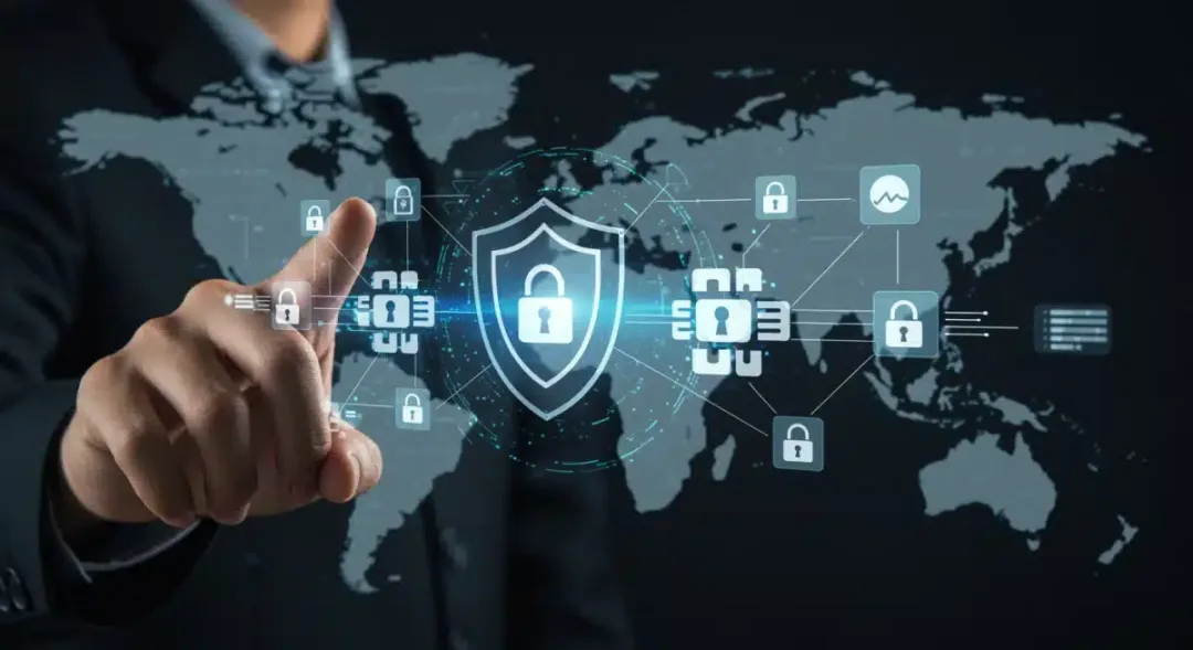 Red blockchain segura con smart contracts y un escudo protector, representando la robustez del código en Estados Unidos 2026.