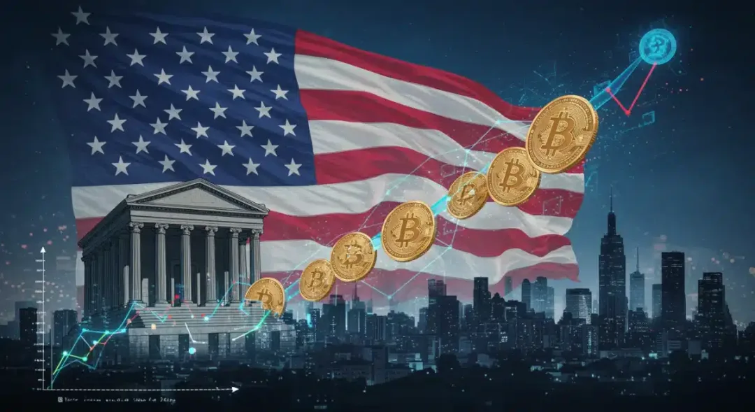 Gráfico interconectado de tipos de interés de la Fed y precios de criptomonedas con fondo futurista de EE. UU.