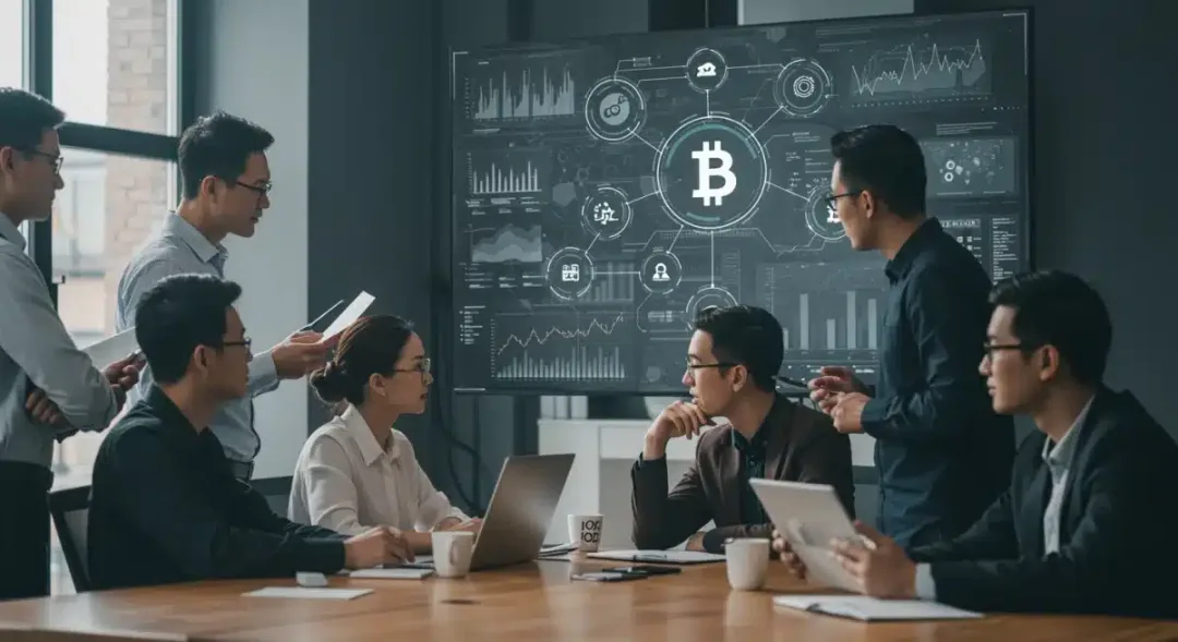 Profesionales discutiendo datos de blockchain y finanzas descentralizadas en una oficina moderna.