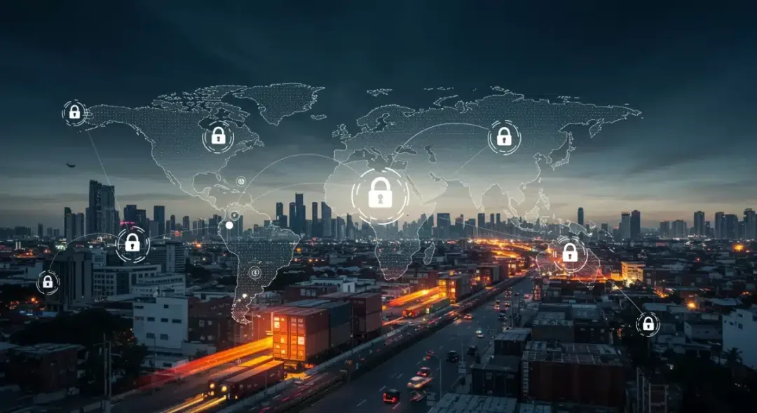 Red de cadena de suministro futurista impulsada por blockchain mostrando transparencia y eficiencia.
