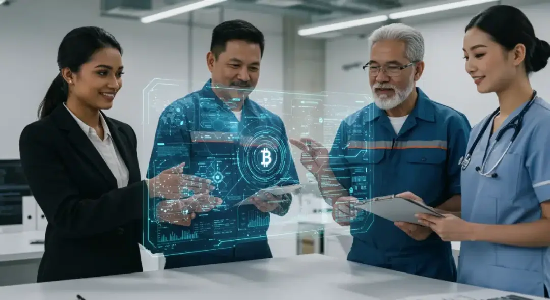 Profesionales de diversos sectores colaborando en torno a una pantalla holográfica que muestra registros blockchain y contratos inteligentes.