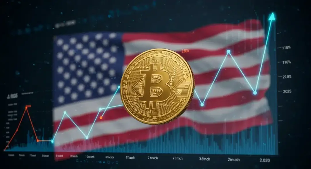 Gráfico que muestra un cambio del 18% en el volumen de trading de Bitcoin en EE. UU. durante tres meses, con elementos gráficos de mercado y la bandera estadounidense.