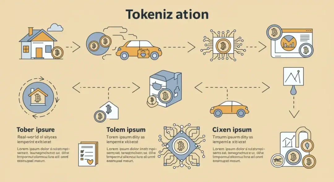 Infografía detallada del proceso de tokenización, transformando activos reales en tokens digitales para mayor liquidez y propiedad fraccionada.