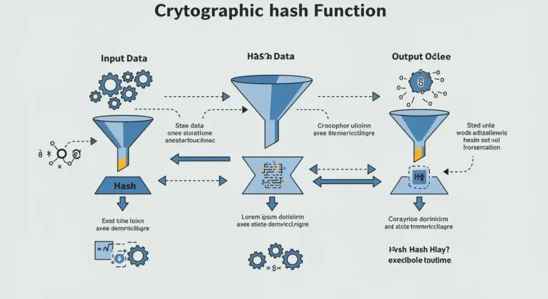 Infografía explicando el funcionamiento de una función hash criptográfica en una transacción blockchain.