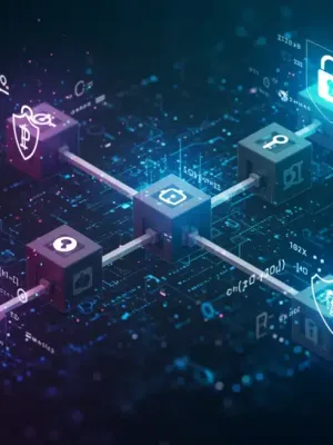 Ilustración futurista de una red blockchain con símbolos criptográficos que representan la seguridad digital y la protección de transacciones.