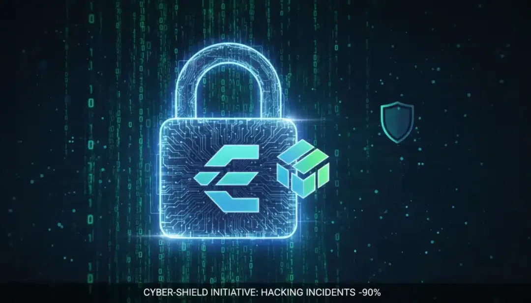 Candado digital protegiendo un logo de intercambio de criptomonedas, con código binario de fondo, representando la seguridad mejorada y la disminución de hackeos.