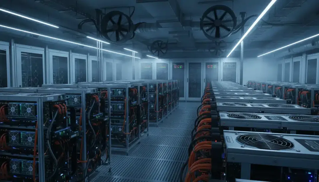 Granja de minería de Bitcoin de alta tecnología en Estados Unidos, con equipos ASIC y sistemas de refrigeración.