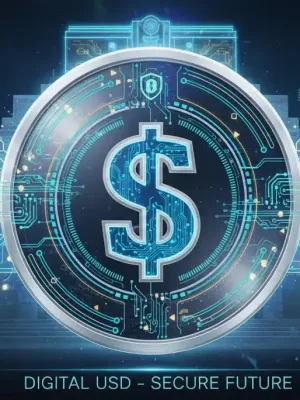 Representación visual de una moneda digital del banco central de Estados Unidos (CBDC) con el símbolo del dólar americano, mostrando seguridad y tecnología financiera avanzada.