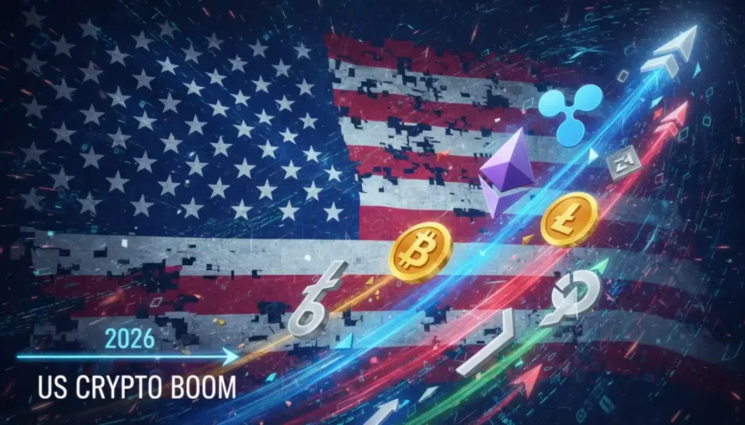 Gráfico ascendente de altcoins con el logo de Bitcoin y el año 2026, representando un rally del 15% en el mercado de criptomonedas de EE. UU. post-halving.
