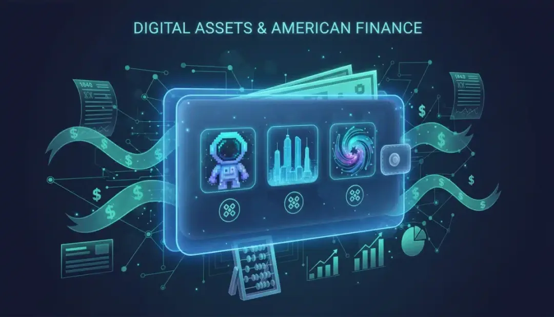 Cartera digital con NFTs y elementos fiscales de Estados Unidos