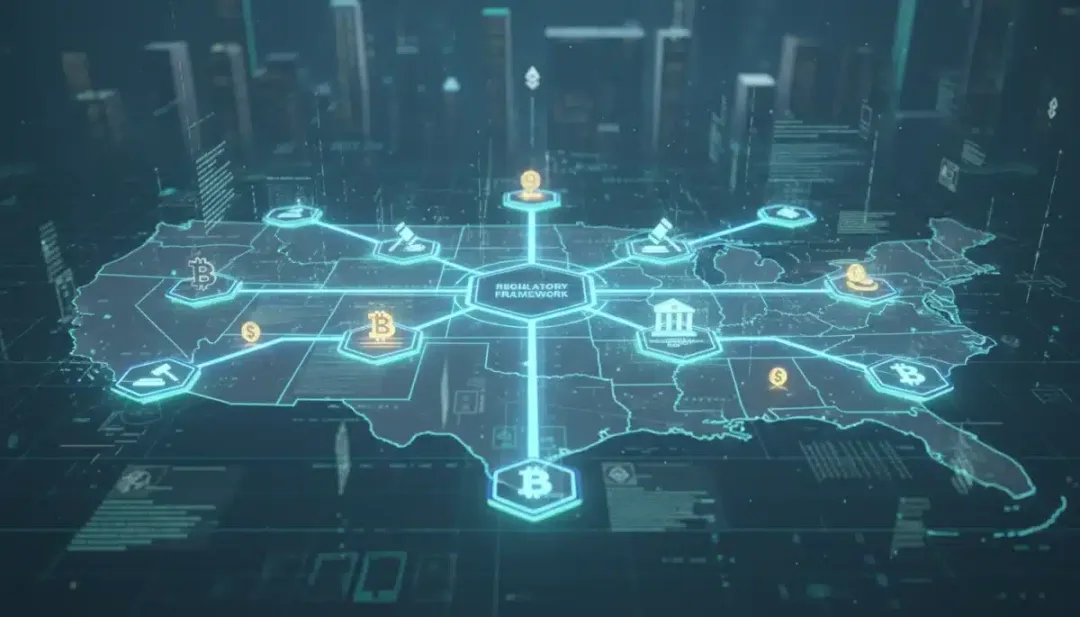 Mapa digital de Estados Unidos con símbolos de criptomonedas y nodos de blockchain interconectados, representando la evolución de la regulación.