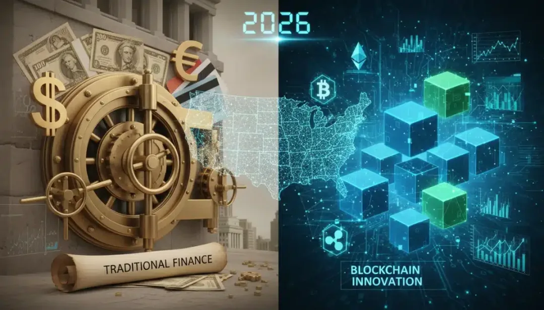 Comparativa visual entre los sistemas de ahorro de blockchain y la banca tradicional en Estados Unidos para 2026.