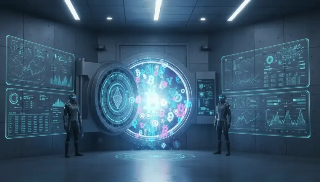 Bóveda bancaria moderna con elementos digitales que simbolizan criptomonedas, representando la custodia segura de activos digitales.