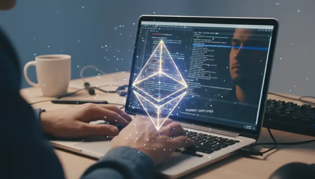 Manos de desarrollador codificando con el logo de Ethereum superpuesto, simbolizando la implementación de contratos inteligentes.