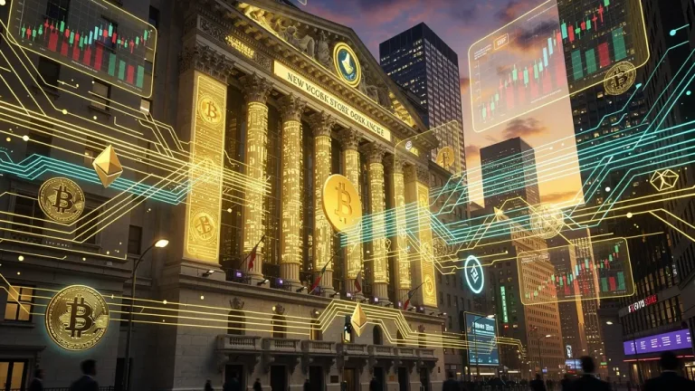 Representación digital de Wall Street con símbolos de criptomonedas y flujos de datos financieros, simbolizando la integración de ETFs cripto.