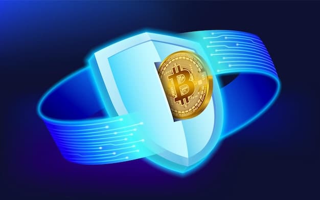 An illustration of a shield with the SEC logo on it, protecting smaller cryptocurrency coins from a larger, menacing wave representing market volatility and regulatory uncertainty.