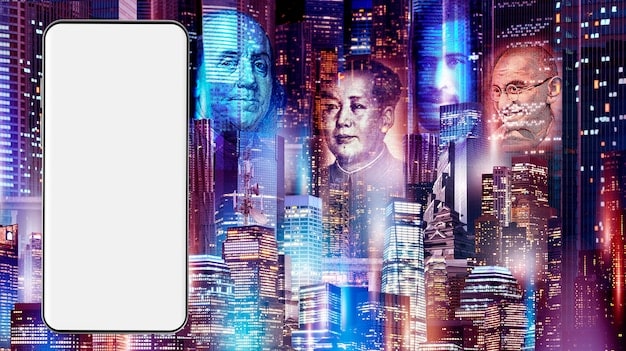 A futuristic graphic of avatars interacting in a virtual cityscape, with holographic displays showcasing cryptocurrency price charts and blockchain data streams.