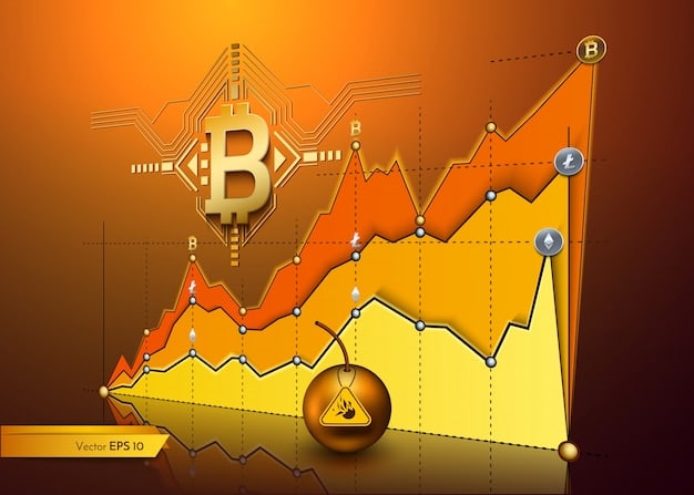 A graph showing the volatile price fluctuations of Bitcoin over the past year, with annotations highlighting significant market corrections and periods of instability. The graph is overlaid with a warning symbol to emphasize the inherent risk.