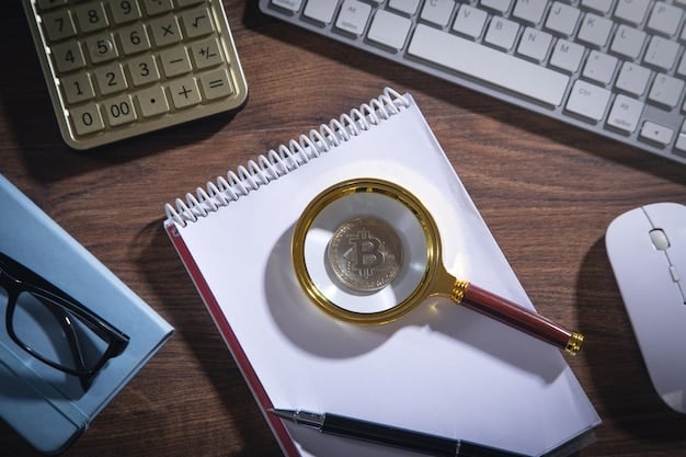 A magnifying glass hovering over a computer screen displaying the terms and conditions of a crypto exchange, symbolizing the importance of reading and understanding the fine print before investing.