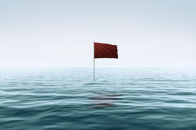 A digital illustration of a red flag planted firmly in a pool of water where various crypto coins are floating, some partially submerged, indicating instability. The background is a stormy sky filled with dark clouds, symbolizing market turbulence.