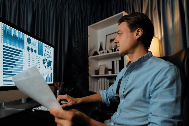 A person meticulously reviewing a whitepaper document with annotations and highlights. The setting shows a modern workspace with multiple monitors displaying cryptocurrency data and charts.