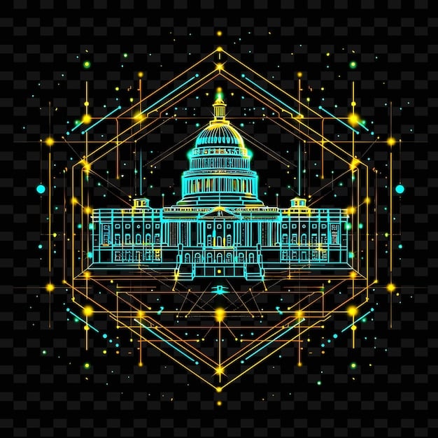 A stylized representation of the US Capitol building overlaid with a cryptographic pattern, symbolizing the intersection of government regulations and decentralized finance.