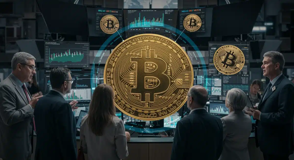 Grupo diverso de inversores, incluyendo institucionales y minoristas, observando gráficos de criptomonedas, simbolizando la adopción generalizada de Bitcoin en EE. UU.