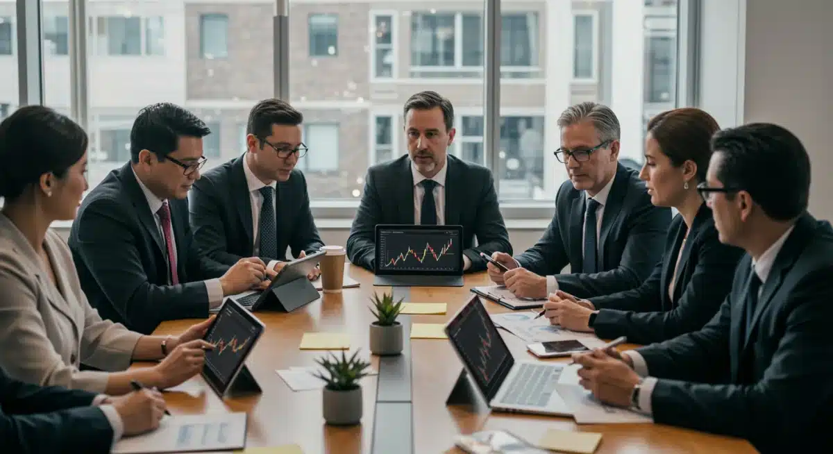 Profesionales discutiendo gráficos de criptomonedas en una oficina moderna, simbolizando la adopción institucional en Estados Unidos.