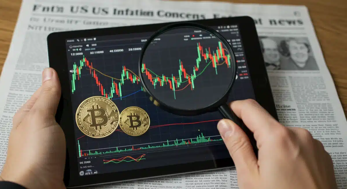 Persona analizando datos del mercado de criptomonedas con noticias de inflación de EE. UU. de fondo.