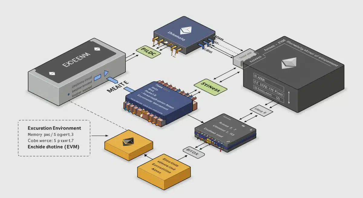 Representación visual de la arquitectura de la Máquina Virtual de Ethereum (EVM) y sus componentes clave.