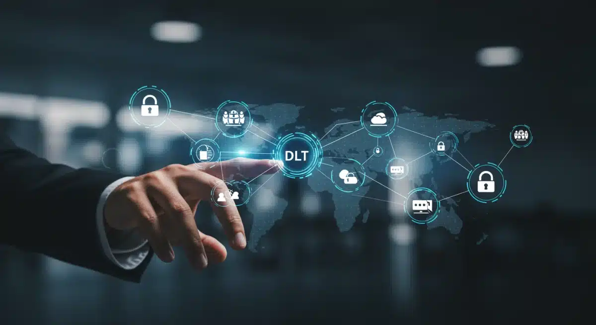 Red compleja de nodos DLT con capas de seguridad activas para la protección de datos empresariales.