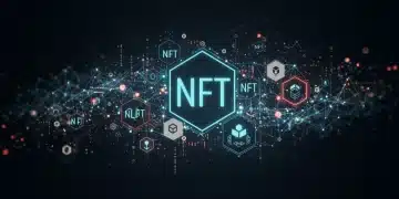 Arte digital futurista de NFTs y blockchain, con líneas luminosas que simbolizan transacciones seguras y descentralizadas.