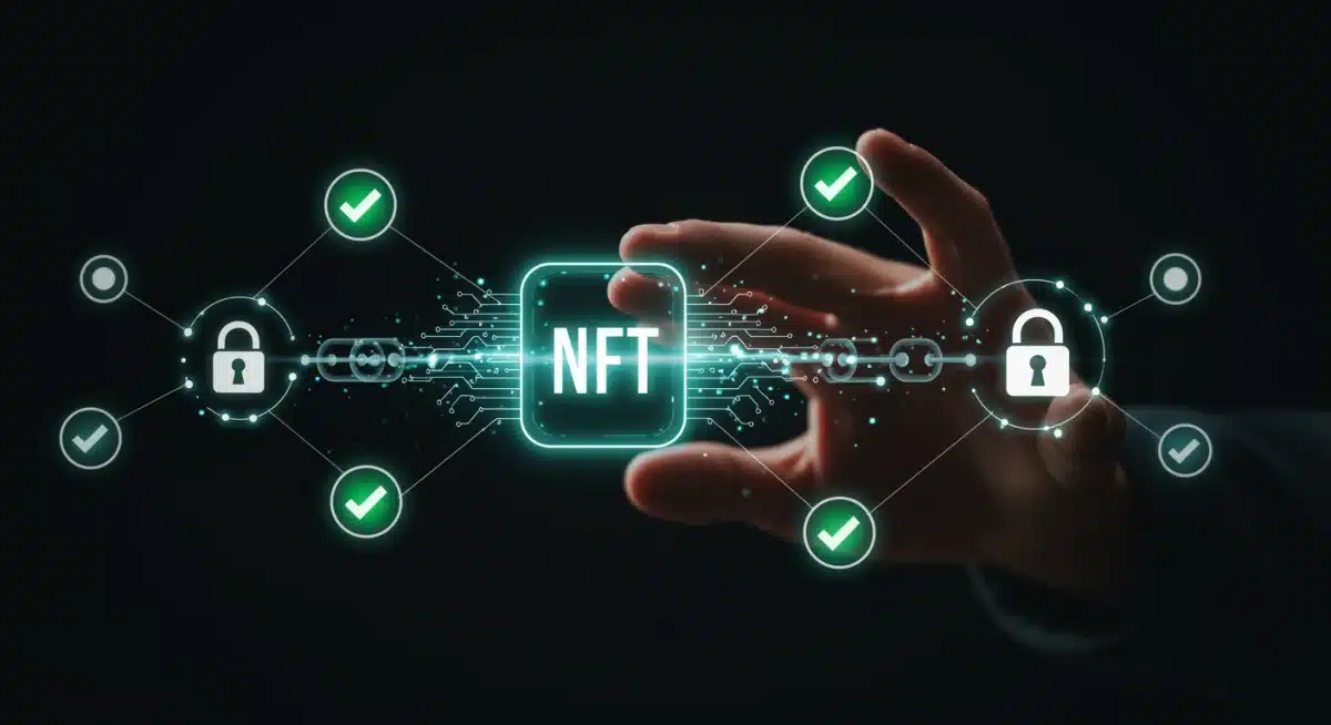 Nodos de blockchain interconectados verificando la autenticidad de un NFT, simbolizando seguridad e inmutabilidad.