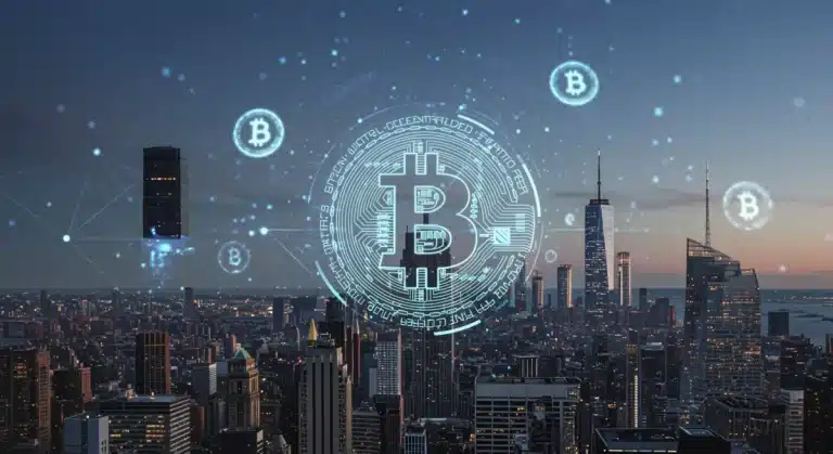 Paisaje urbano futurista de Nueva York con símbolos de Bitcoin, representando el crecimiento económico y la innovación tecnológica.