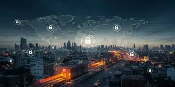 Red de cadena de suministro futurista impulsada por blockchain mostrando transparencia y eficiencia.